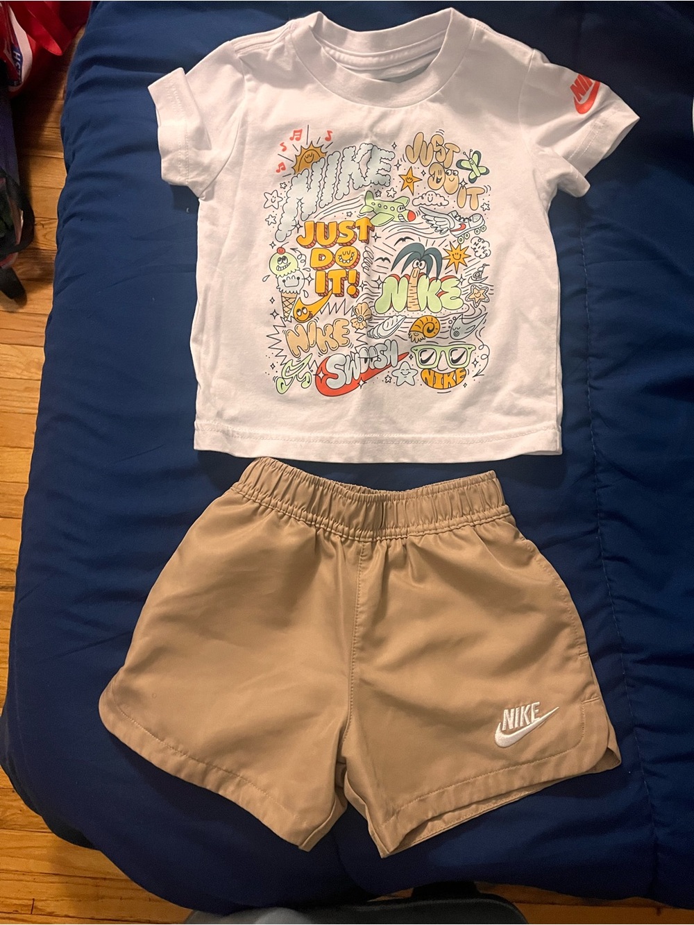 Nike Kids White Graphic Tee with Tan Nike Shorts